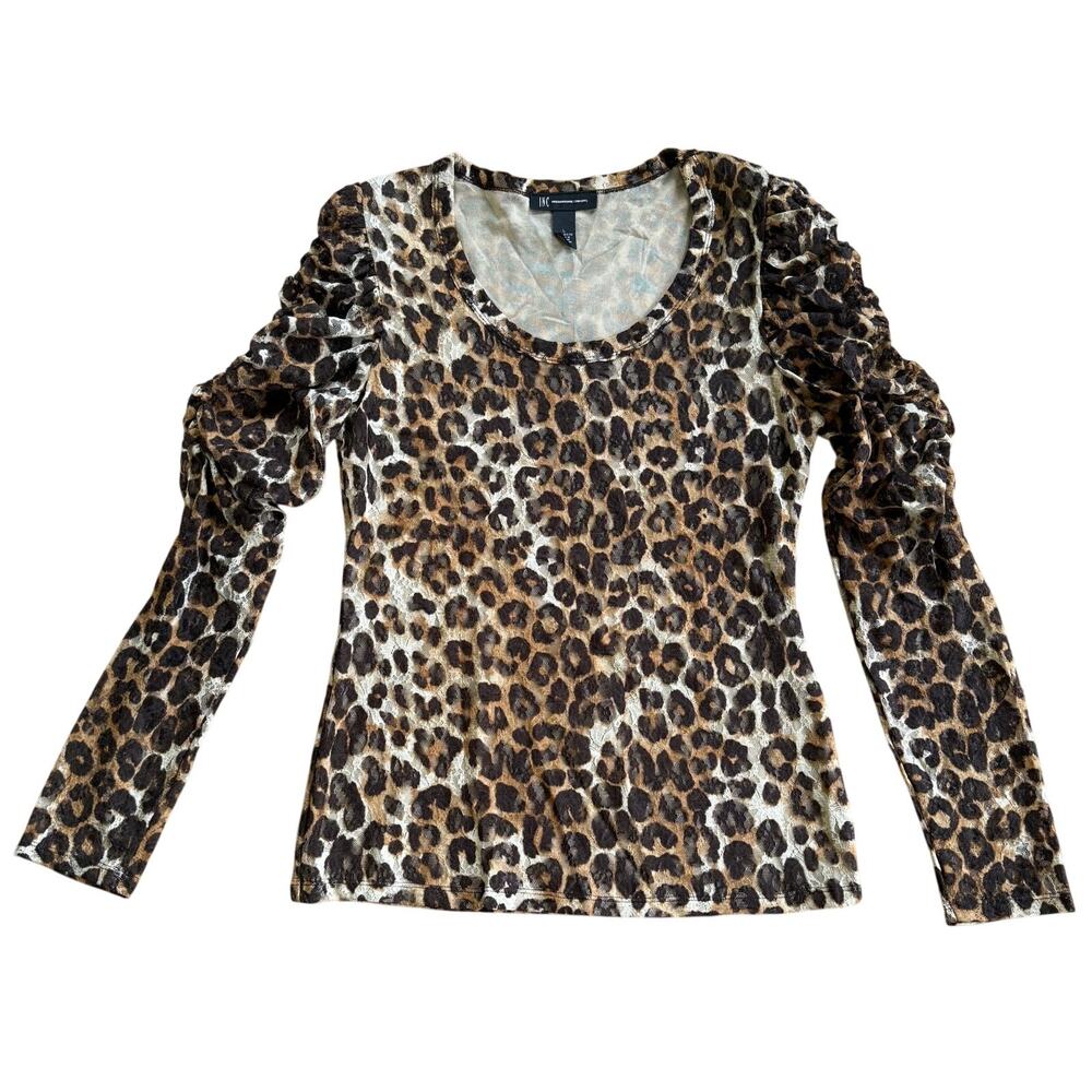 INC | Cheetah Print Long Sleeve Mesh Top | Size L | Ruched Puffed Sleeve Wild